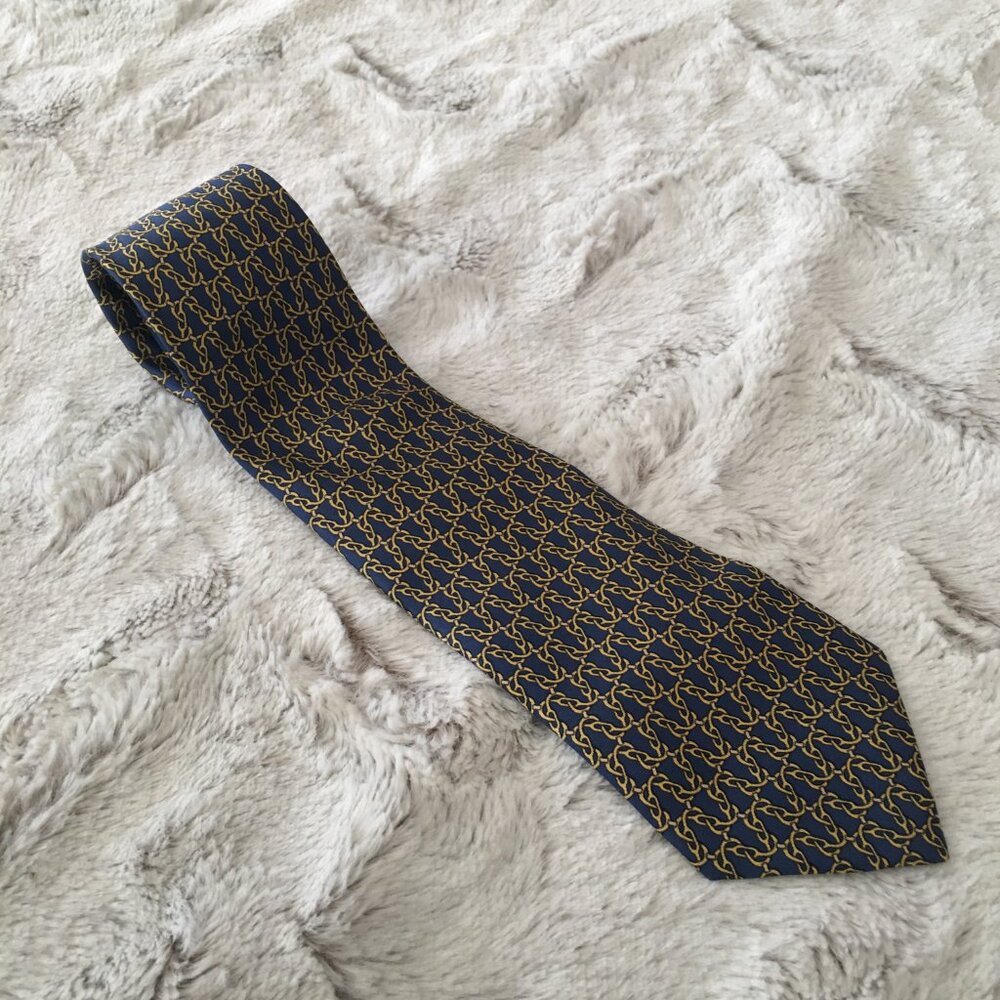 Hermes Paris navy gold chain link silk tie